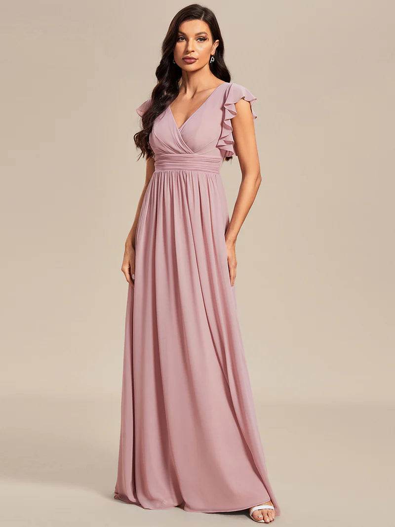 V-Neck Pleated Bridesmaid Dress with Ruffles and Waist Belt – Elegant A-Line Gown - Biamonde